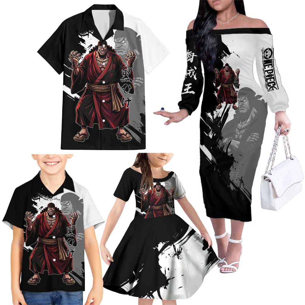 One Piece Blackbeard Family Matching Off The Shoulder Long Sleeve Dress and Hawaiian Shirt Dark Emperor Ink Splash Graphic