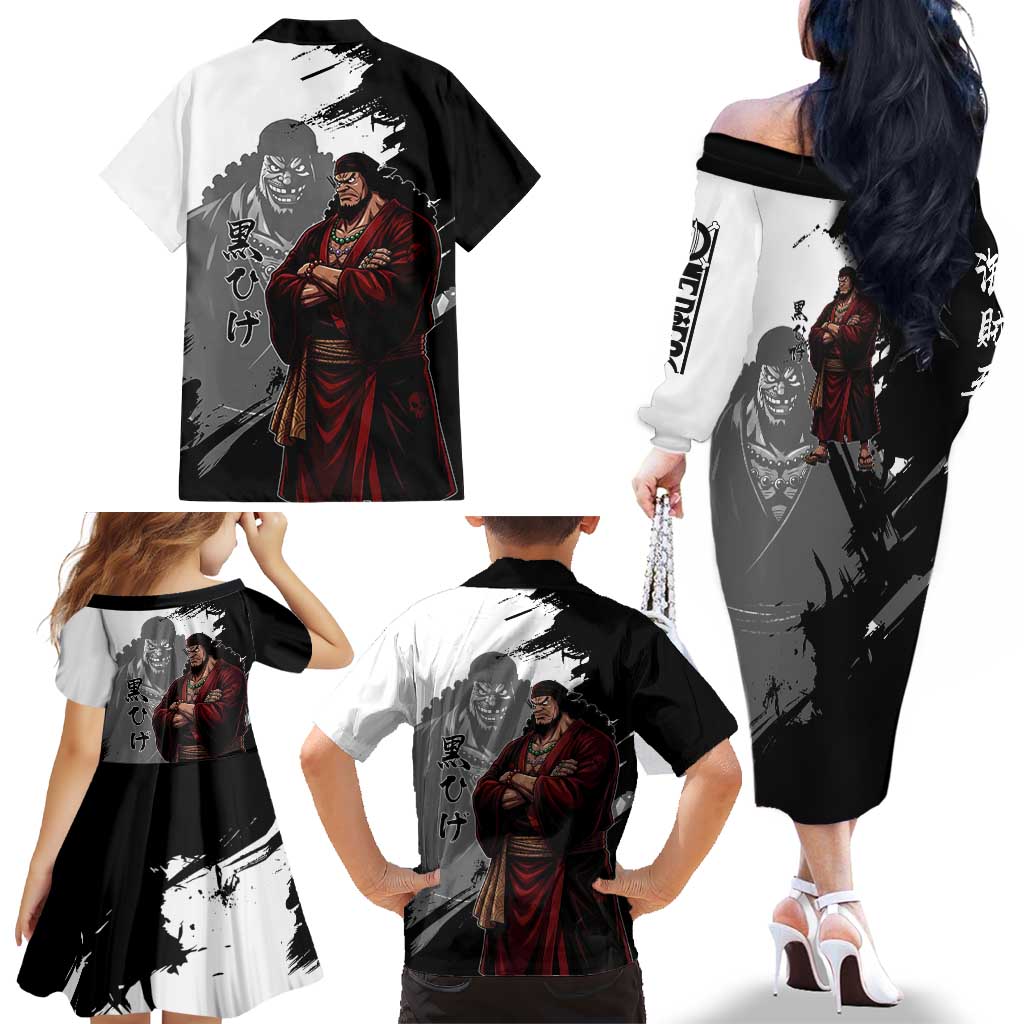 One Piece Blackbeard Family Matching Off The Shoulder Long Sleeve Dress and Hawaiian Shirt Dark Emperor Ink Splash Graphic