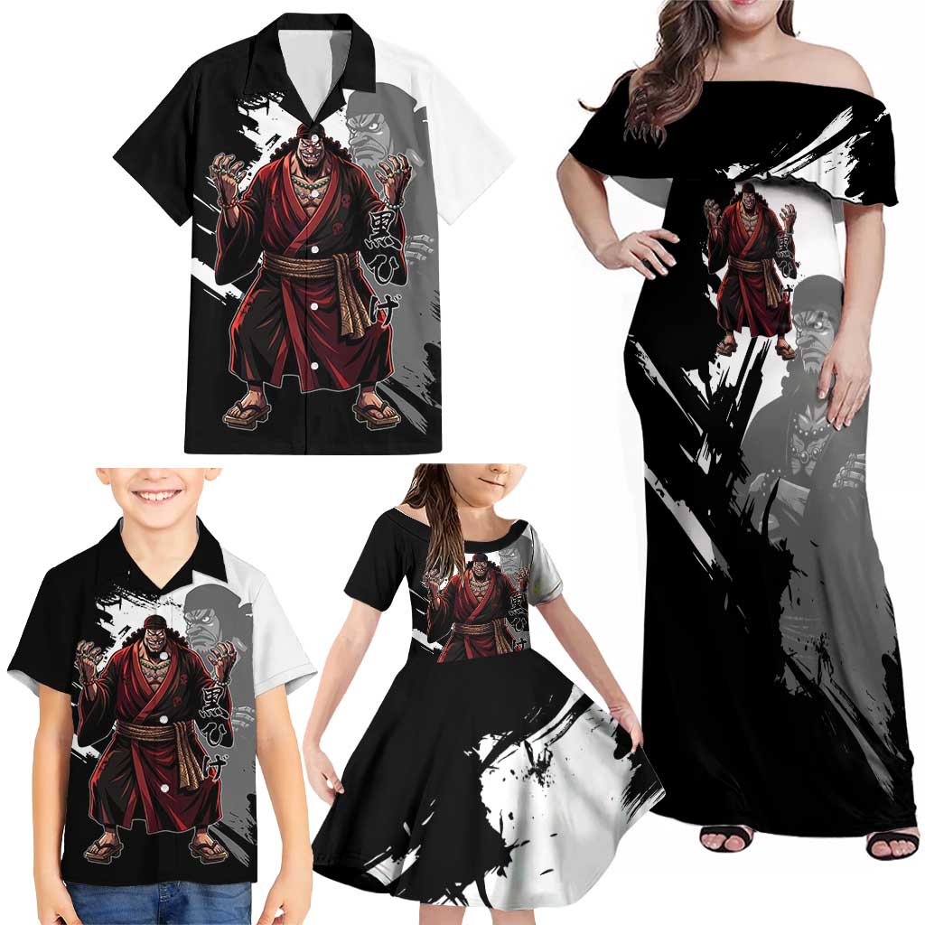 One Piece Blackbeard Family Matching Off Shoulder Maxi Dress and Hawaiian Shirt Dark Emperor Ink Splash Graphic