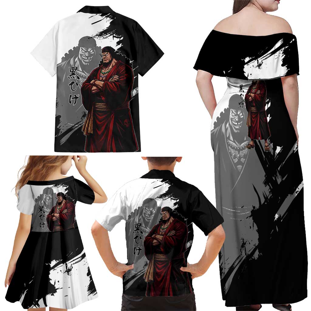 One Piece Blackbeard Family Matching Off Shoulder Maxi Dress and Hawaiian Shirt Dark Emperor Ink Splash Graphic