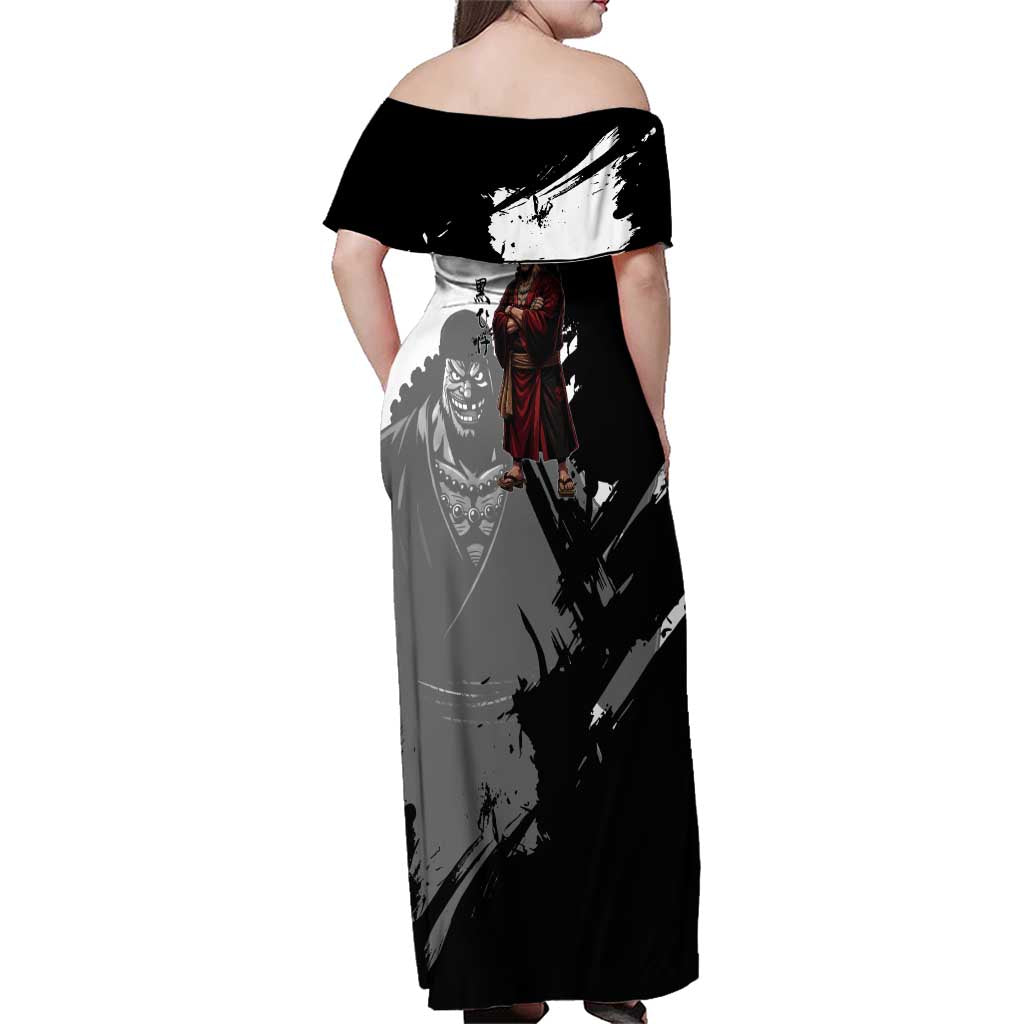 One Piece Blackbeard Family Matching Off Shoulder Maxi Dress and Hawaiian Shirt Dark Emperor Ink Splash Graphic