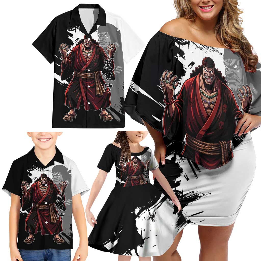 One Piece Blackbeard Family Matching Off Shoulder Short Dress and Hawaiian Shirt Dark Emperor Ink Splash Graphic