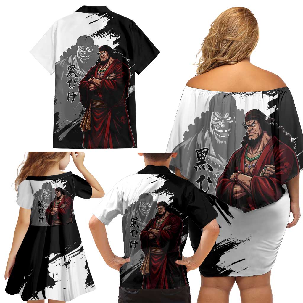 One Piece Blackbeard Family Matching Off Shoulder Short Dress and Hawaiian Shirt Dark Emperor Ink Splash Graphic