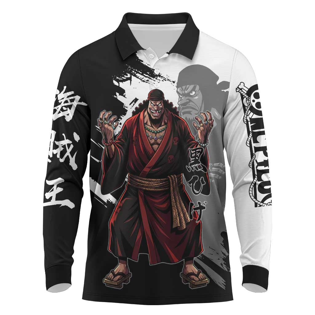 One Piece Blackbeard Long Sleeve Polo Shirt Dark Emperor Ink Splash Graphic
