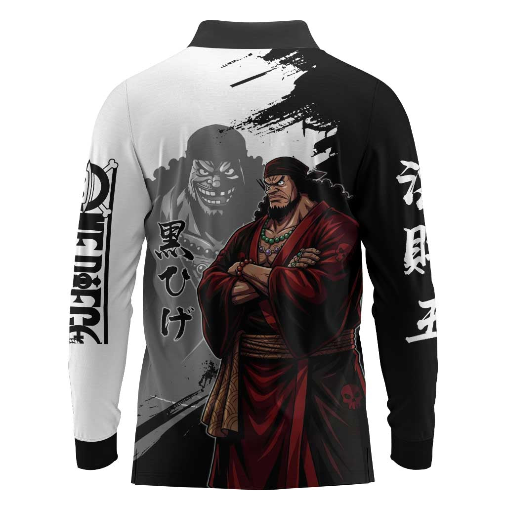 One Piece Blackbeard Long Sleeve Polo Shirt Dark Emperor Ink Splash Graphic