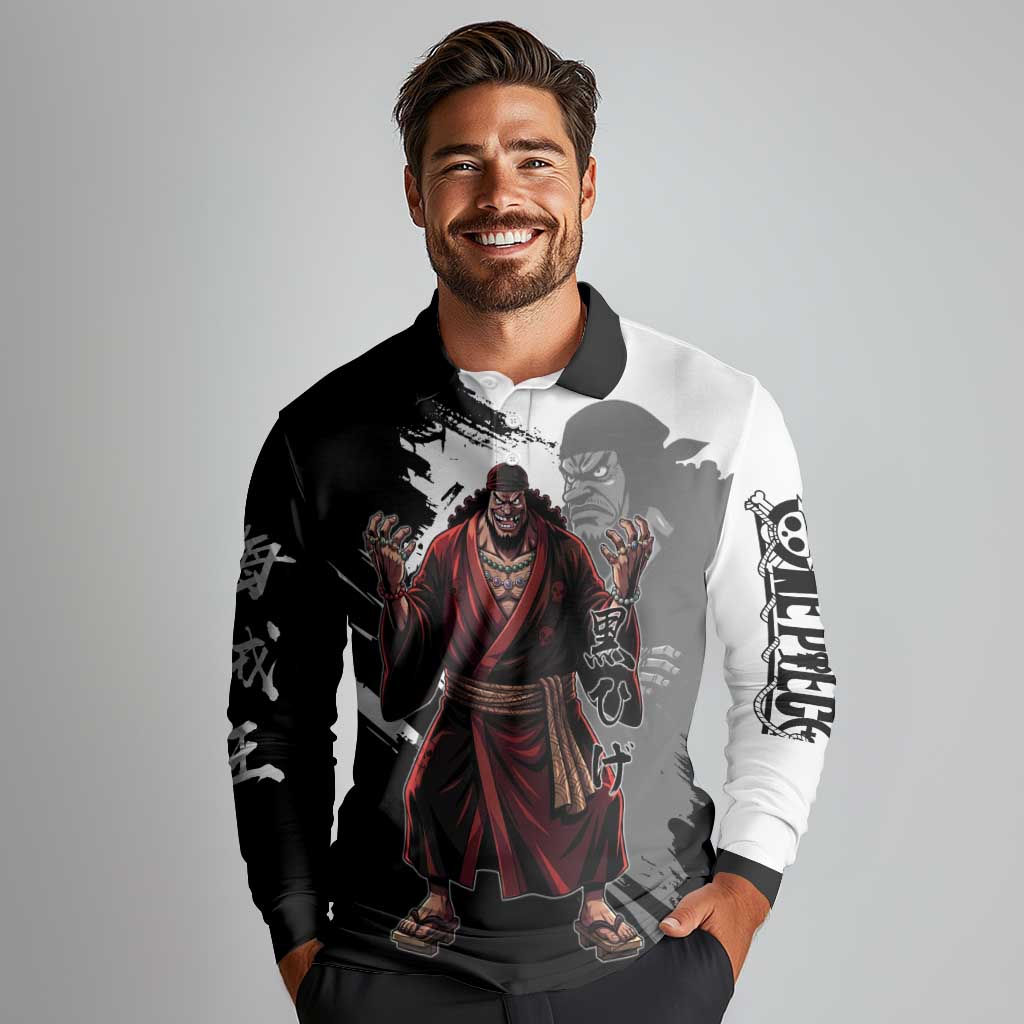 One Piece Blackbeard Long Sleeve Polo Shirt Dark Emperor Ink Splash Graphic