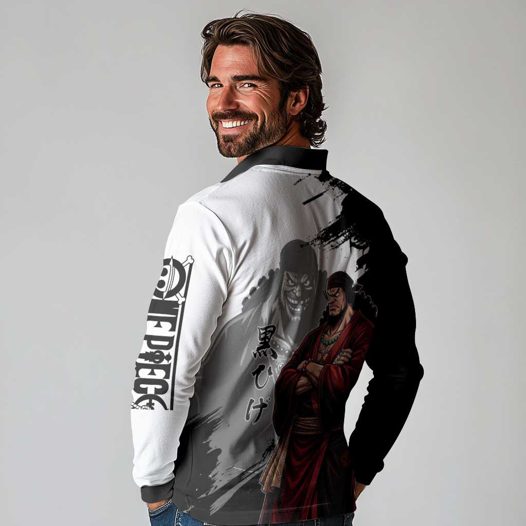 One Piece Blackbeard Long Sleeve Polo Shirt Dark Emperor Ink Splash Graphic
