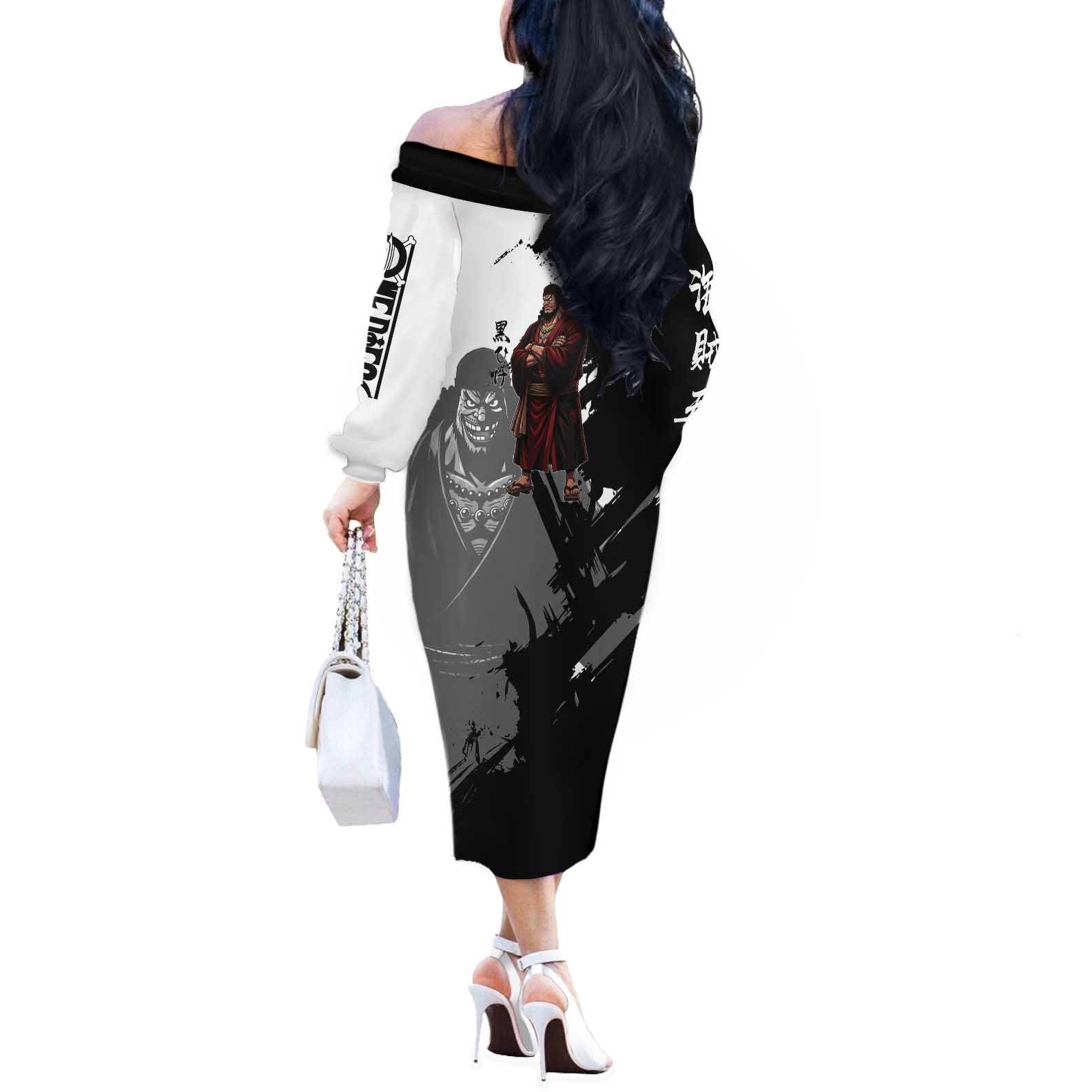 One Piece Blackbeard Off The Shoulder Long Sleeve Dress Dark Emperor Ink Splash Graphic