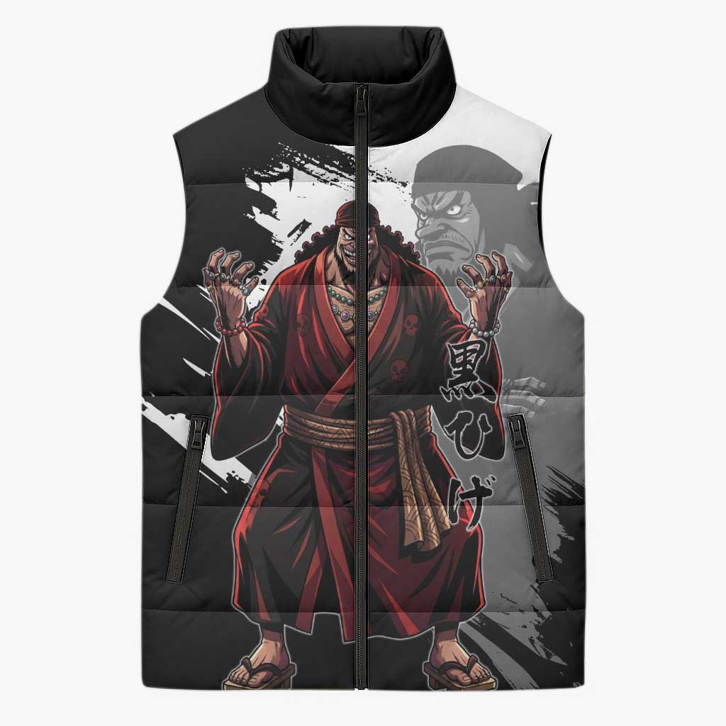 One Piece Blackbeard Sleeveless Puffer Jacket Dark Emperor Ink Splash Graphic