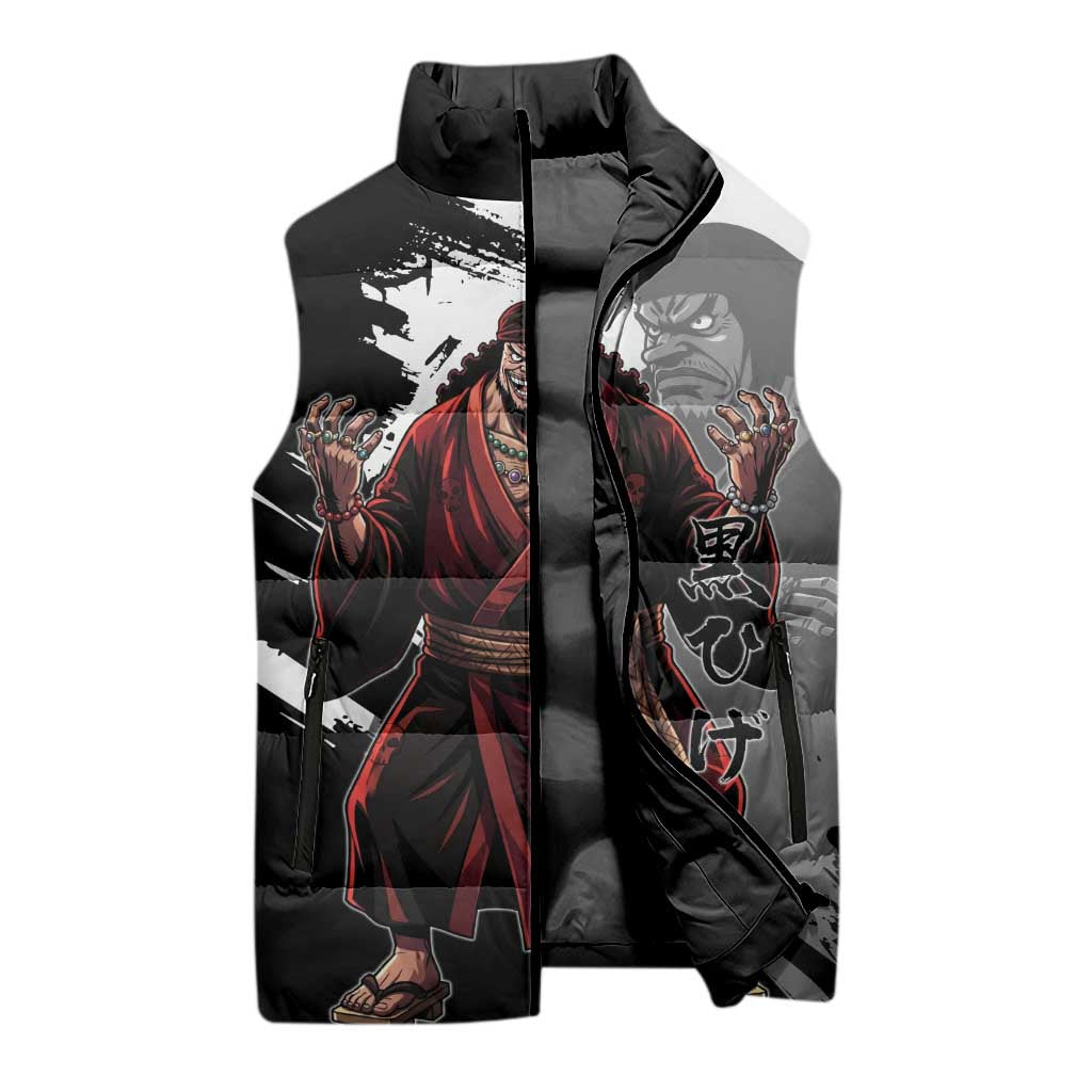 One Piece Blackbeard Sleeveless Puffer Jacket Dark Emperor Ink Splash Graphic