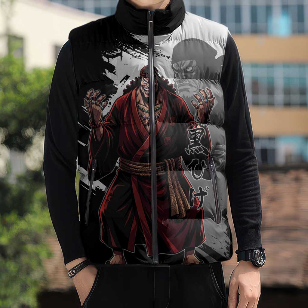 One Piece Blackbeard Sleeveless Puffer Jacket Dark Emperor Ink Splash Graphic