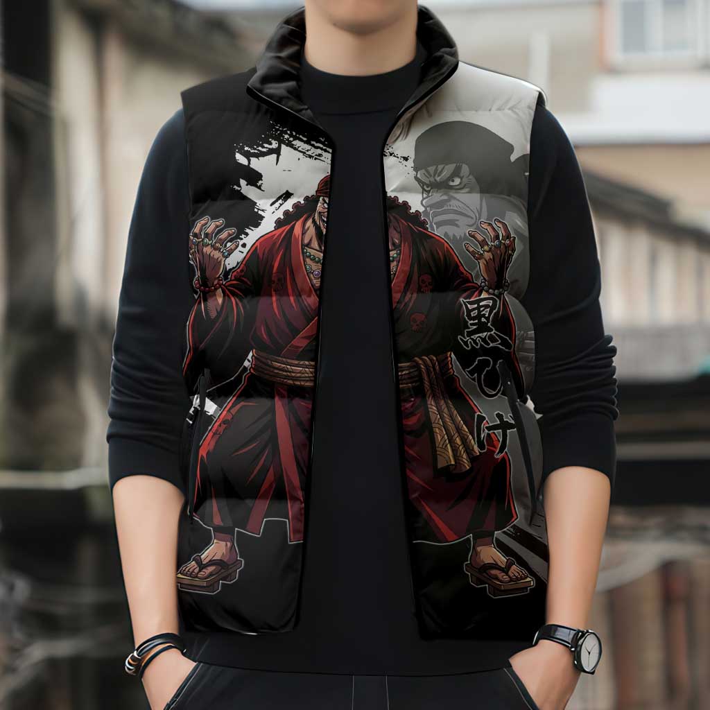 One Piece Blackbeard Sleeveless Puffer Jacket Dark Emperor Ink Splash Graphic