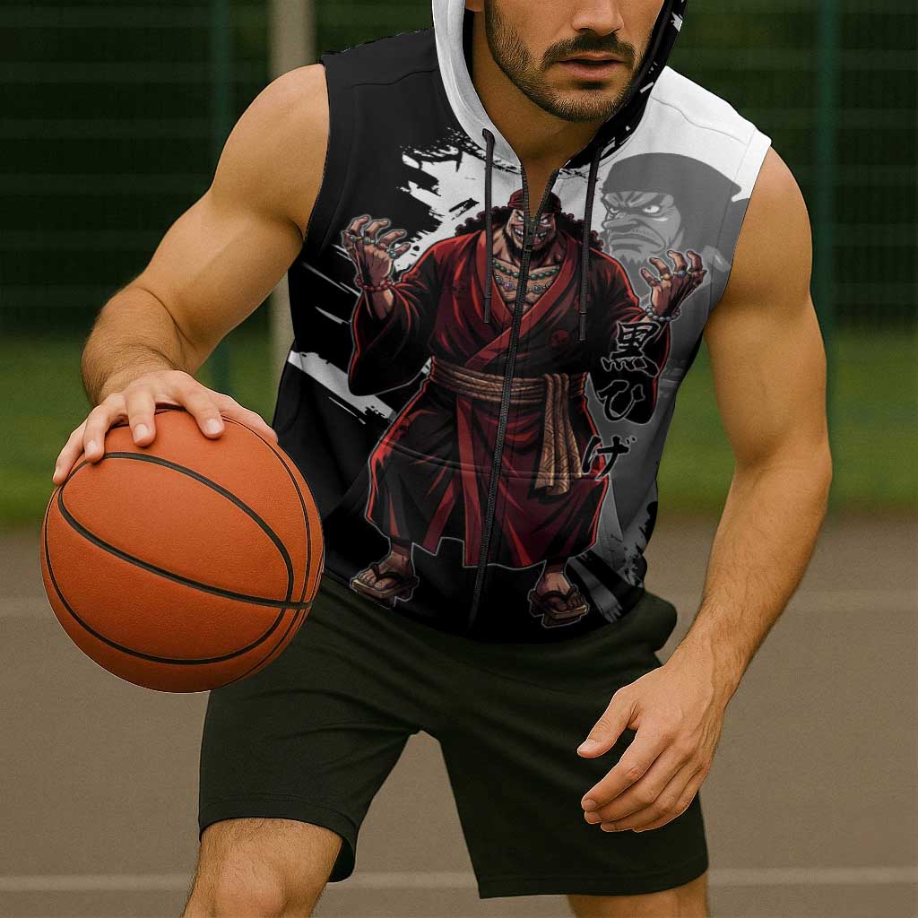 One Piece Blackbeard Sleeveless Zip Hoodie Dark Emperor Ink Splash Graphic