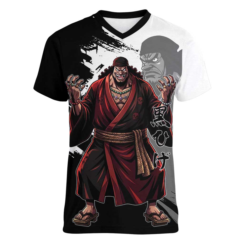 One Piece Blackbeard Women V-Neck T-Shirt Dark Emperor Ink Splash Graphic