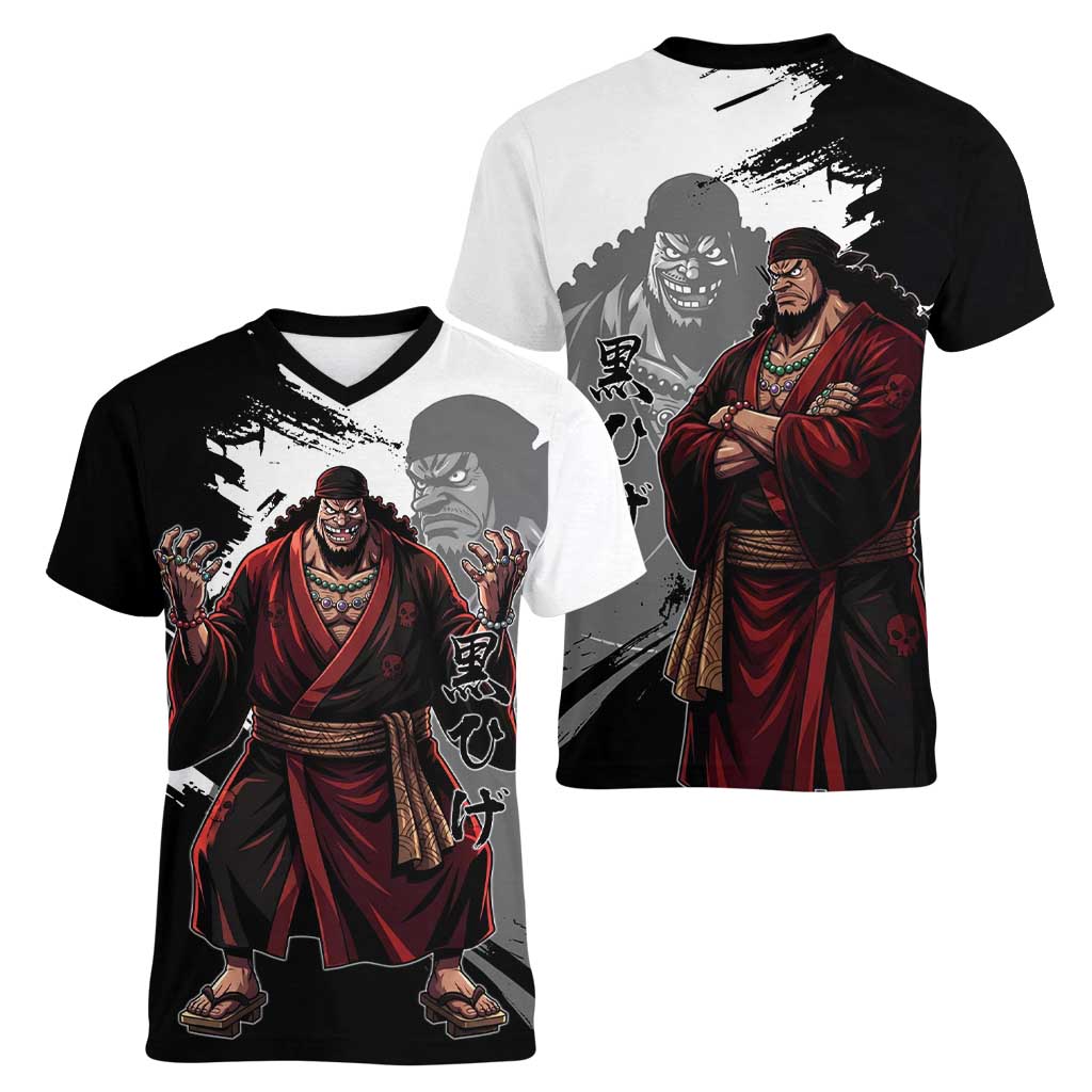 One Piece Blackbeard Women V-Neck T-Shirt Dark Emperor Ink Splash Graphic