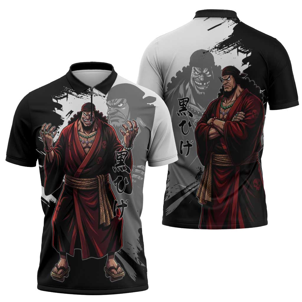 One Piece Blackbeard Zipper Polo Shirt Dark Emperor Ink Splash Graphic
