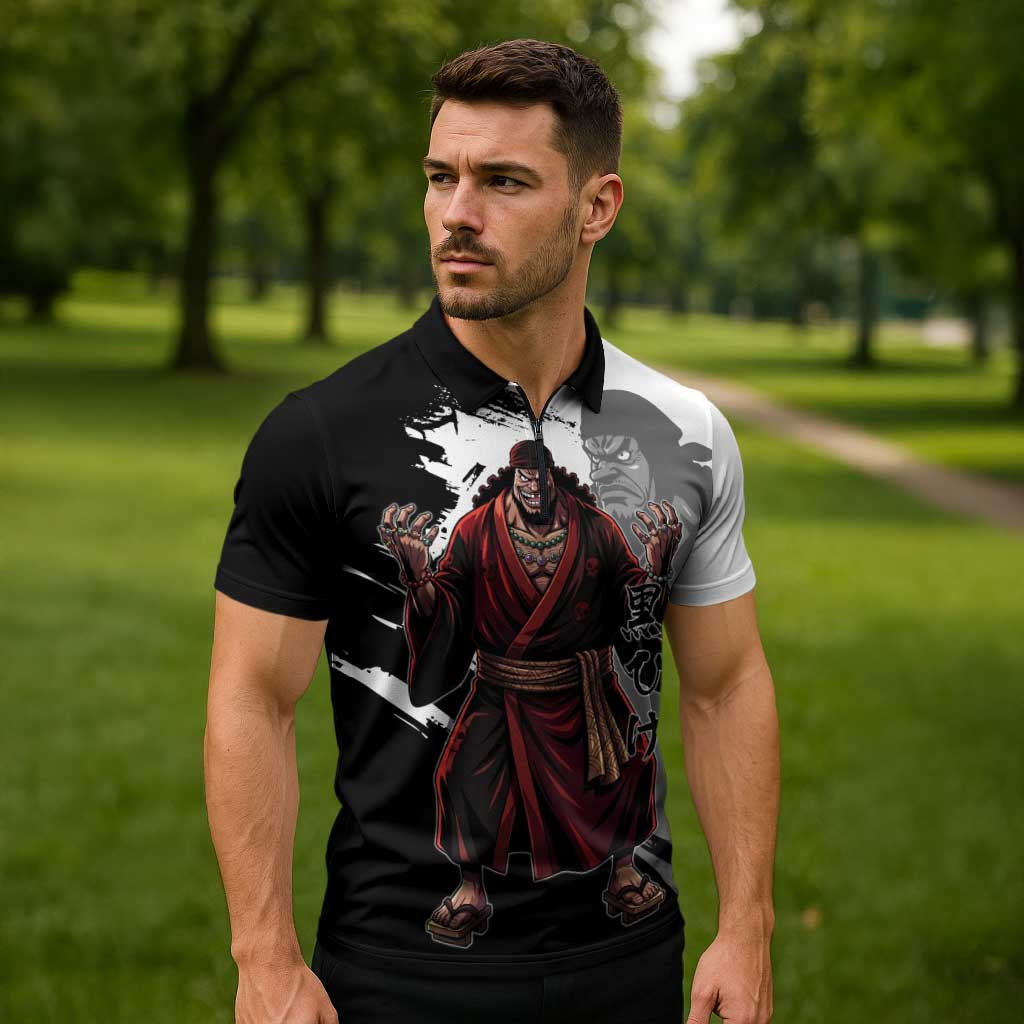 One Piece Blackbeard Zipper Polo Shirt Dark Emperor Ink Splash Graphic