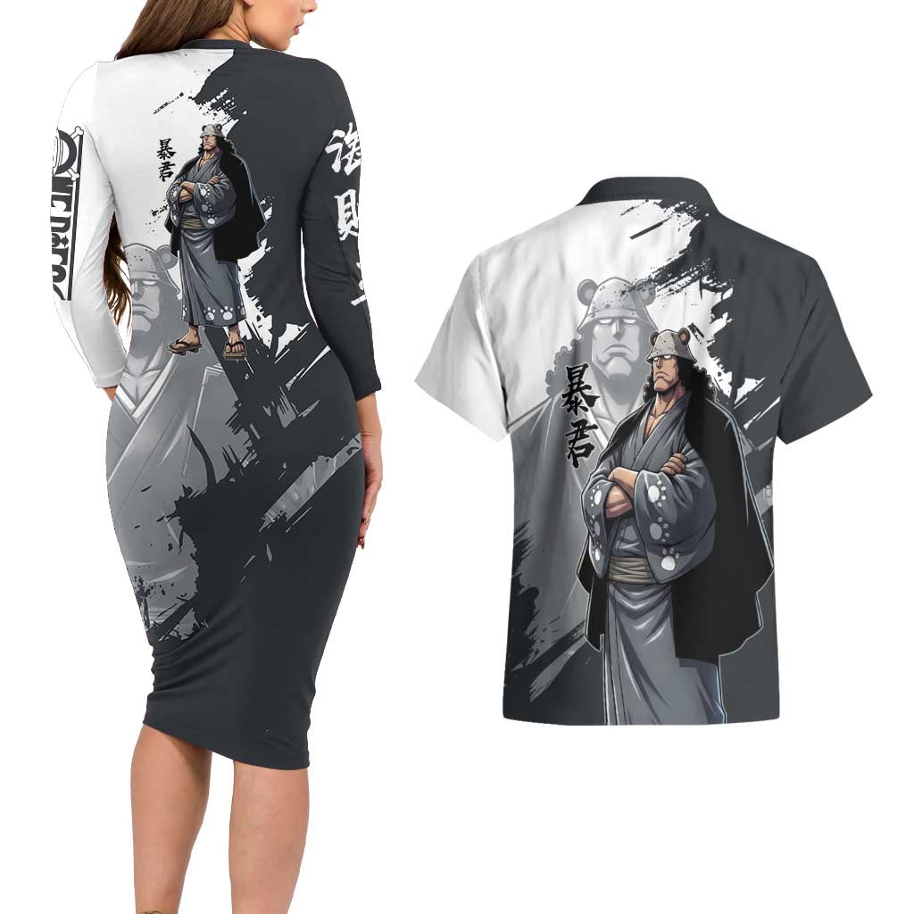Bartholomew Kuma One Piece Couples Matching Long Sleeve Bodycon Dress and Hawaiian Shirt Revolutionary Ink Wash Anime
