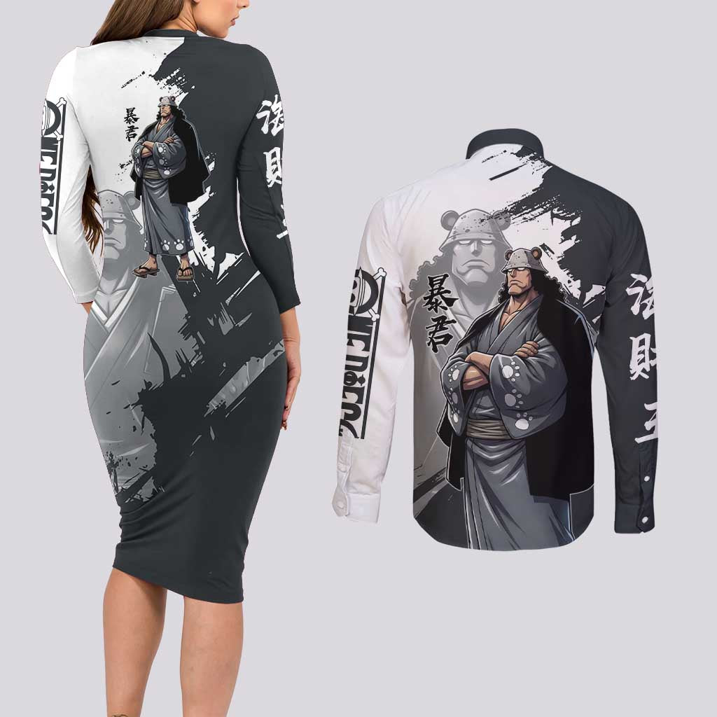 Bartholomew Kuma One Piece Couples Matching Long Sleeve Bodycon Dress and Long Sleeve Button Shirt Revolutionary Ink Wash Anime