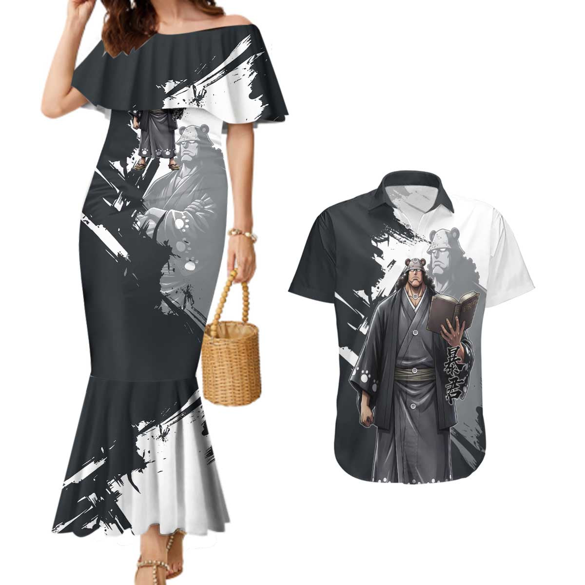 Bartholomew Kuma One Piece Couples Matching Mermaid Dress and Hawaiian Shirt Revolutionary Ink Wash Anime