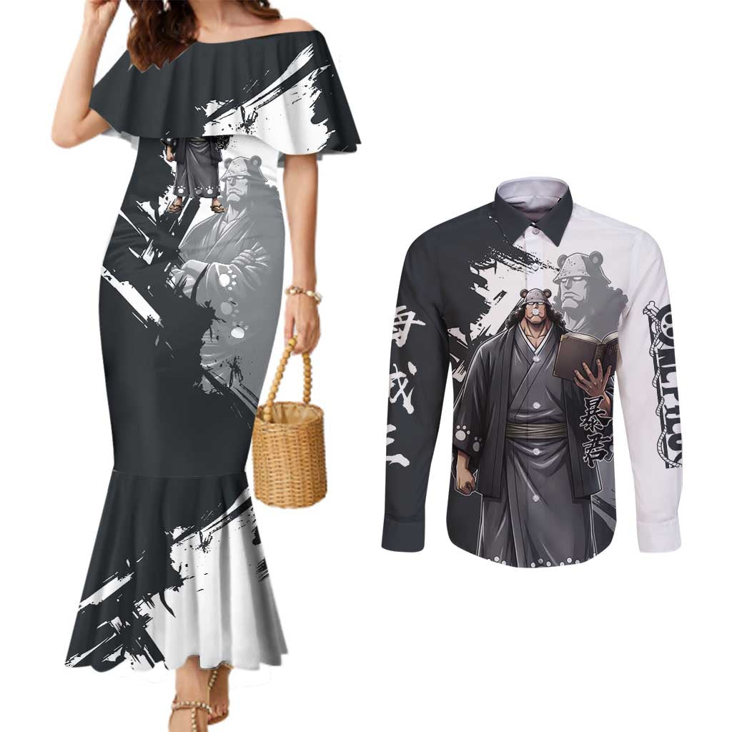 Bartholomew Kuma One Piece Couples Matching Mermaid Dress and Long Sleeve Button Shirt Revolutionary Ink Wash Anime