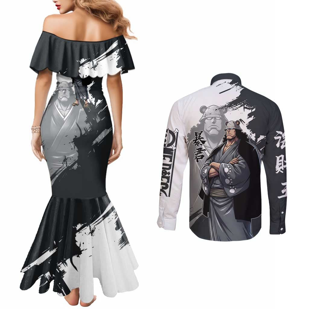 Bartholomew Kuma One Piece Couples Matching Mermaid Dress and Long Sleeve Button Shirt Revolutionary Ink Wash Anime