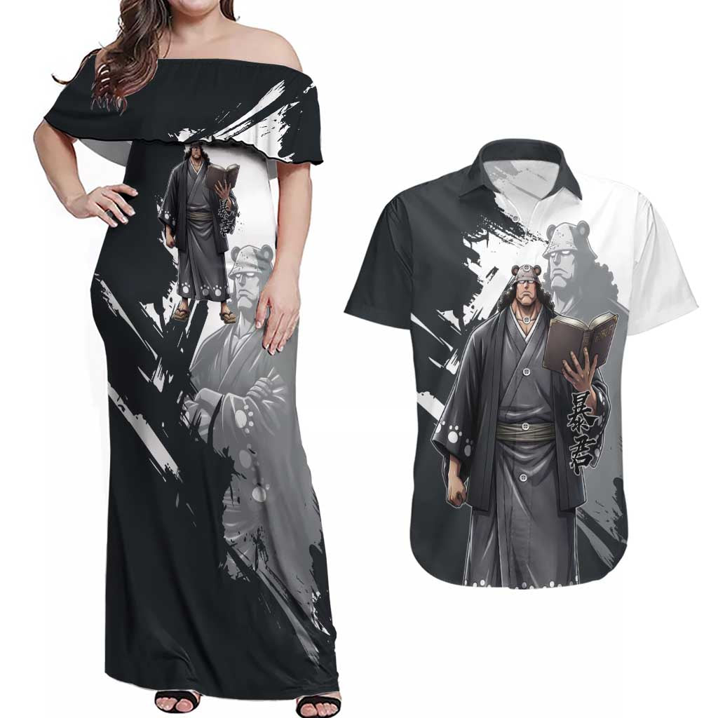 Bartholomew Kuma One Piece Couples Matching Off Shoulder Maxi Dress and Hawaiian Shirt Revolutionary Ink Wash Anime