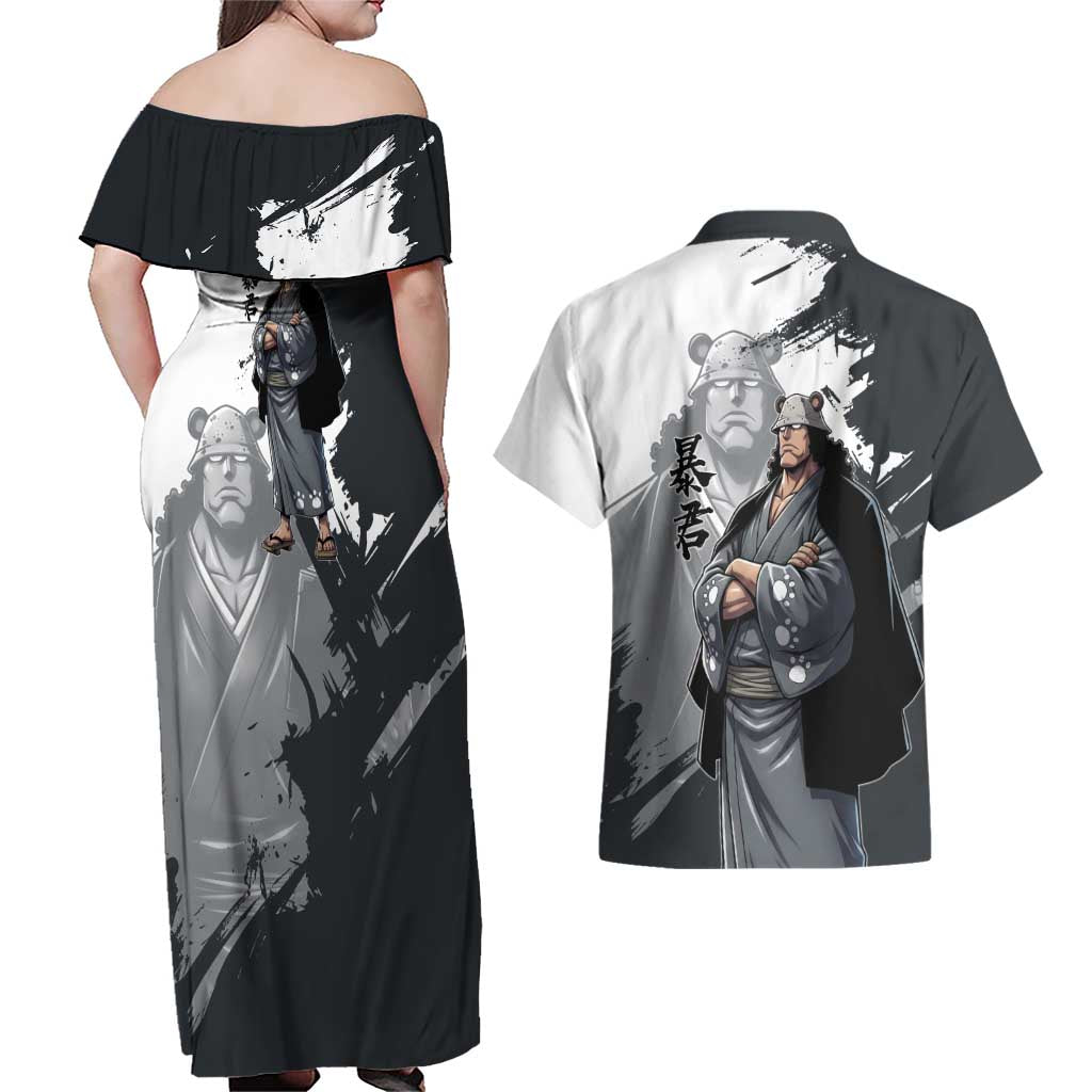 Bartholomew Kuma One Piece Couples Matching Off Shoulder Maxi Dress and Hawaiian Shirt Revolutionary Ink Wash Anime