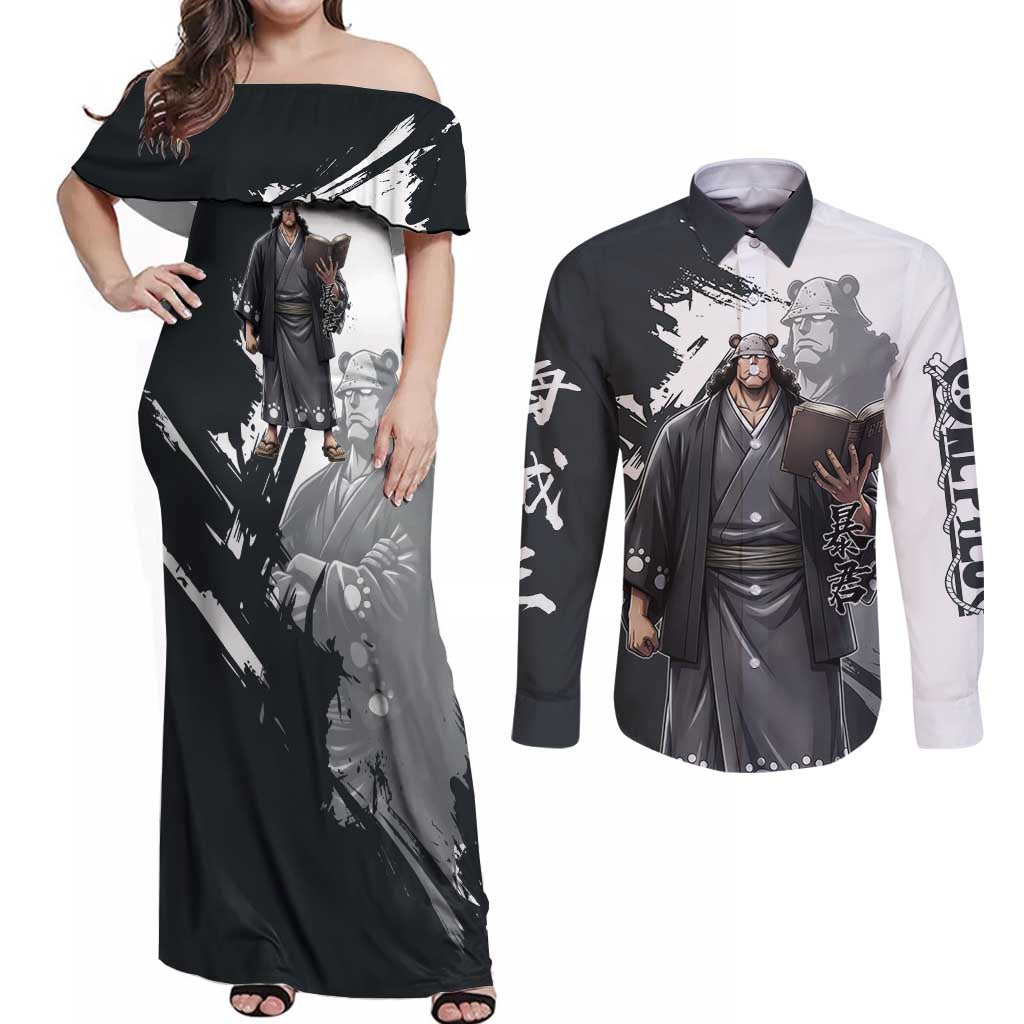 Bartholomew Kuma One Piece Couples Matching Off Shoulder Maxi Dress and Long Sleeve Button Shirt Revolutionary Ink Wash Anime