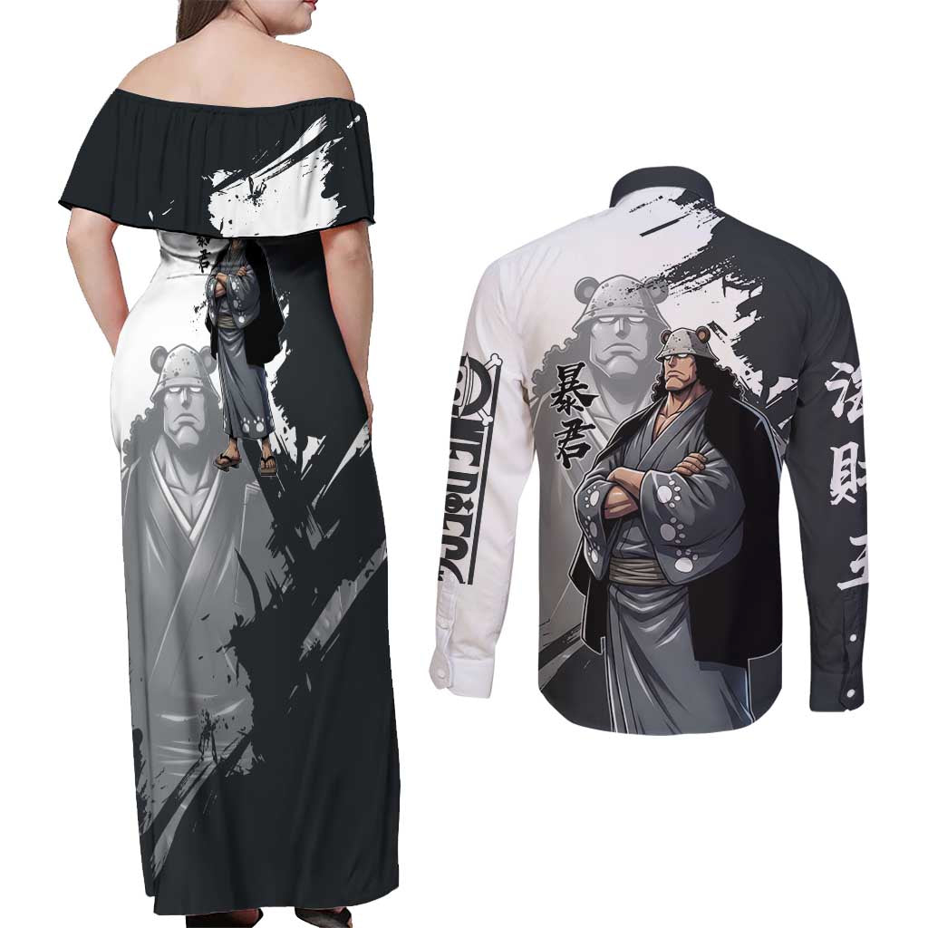 Bartholomew Kuma One Piece Couples Matching Off Shoulder Maxi Dress and Long Sleeve Button Shirt Revolutionary Ink Wash Anime