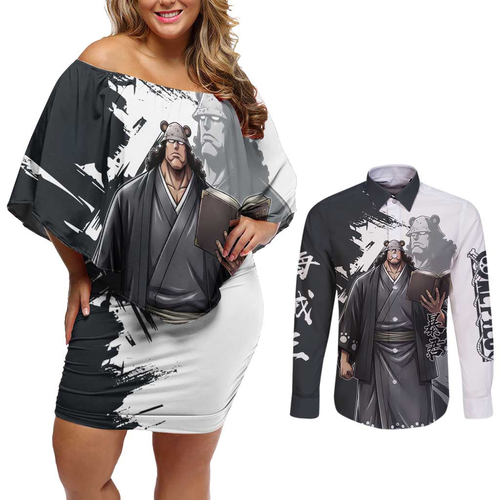 Bartholomew Kuma One Piece Couples Matching Off Shoulder Short Dress and Long Sleeve Button Shirt Revolutionary Ink Wash Anime