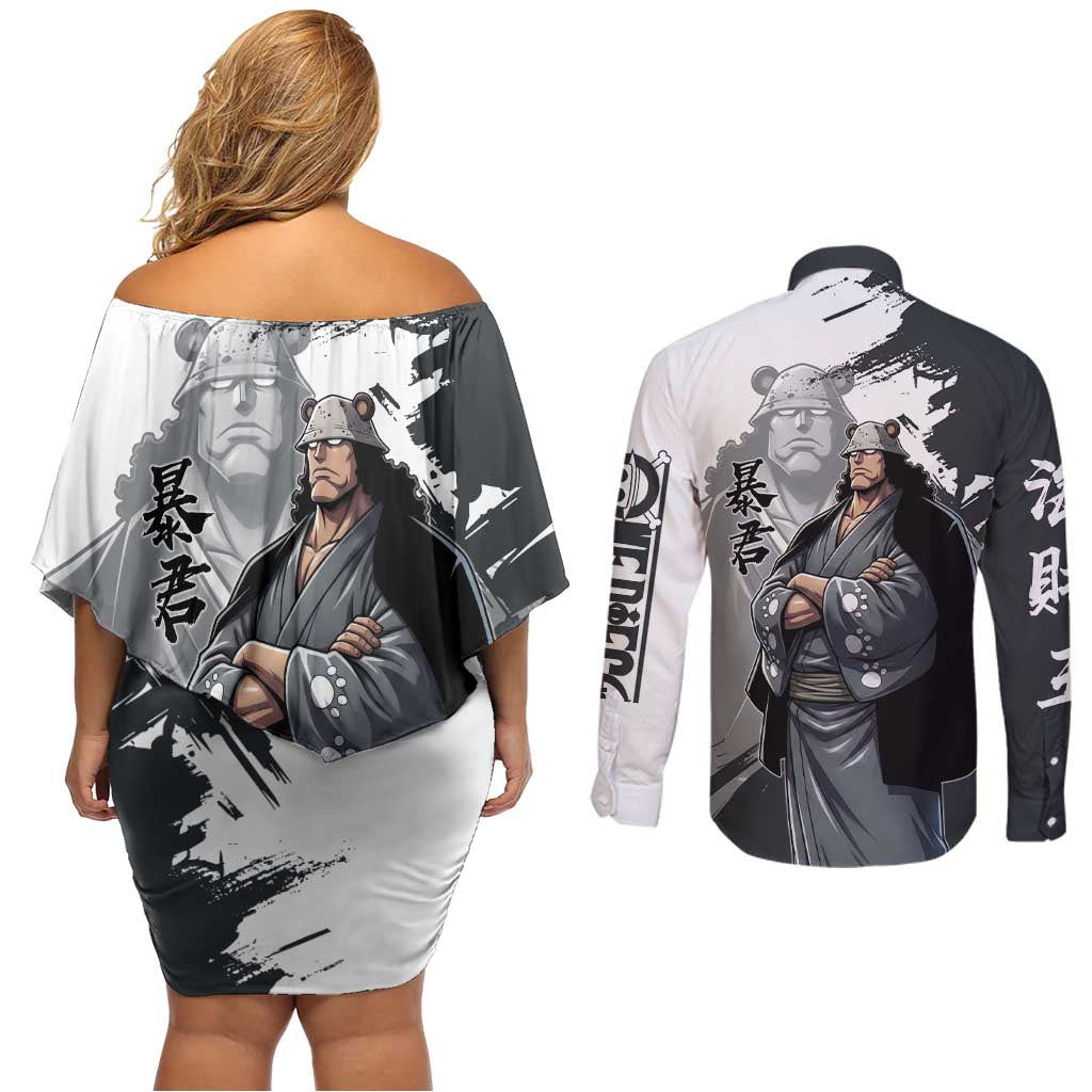 Bartholomew Kuma One Piece Couples Matching Off Shoulder Short Dress and Long Sleeve Button Shirt Revolutionary Ink Wash Anime