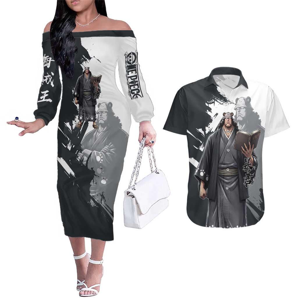 Bartholomew Kuma One Piece Couples Matching Off The Shoulder Long Sleeve Dress and Hawaiian Shirt Revolutionary Ink Wash Anime