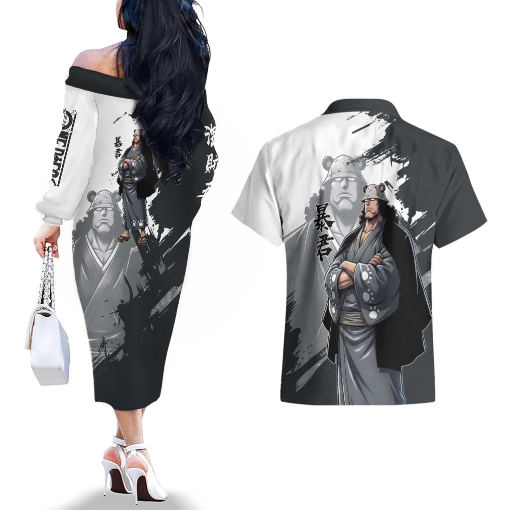 Bartholomew Kuma One Piece Couples Matching Off The Shoulder Long Sleeve Dress and Hawaiian Shirt Revolutionary Ink Wash Anime