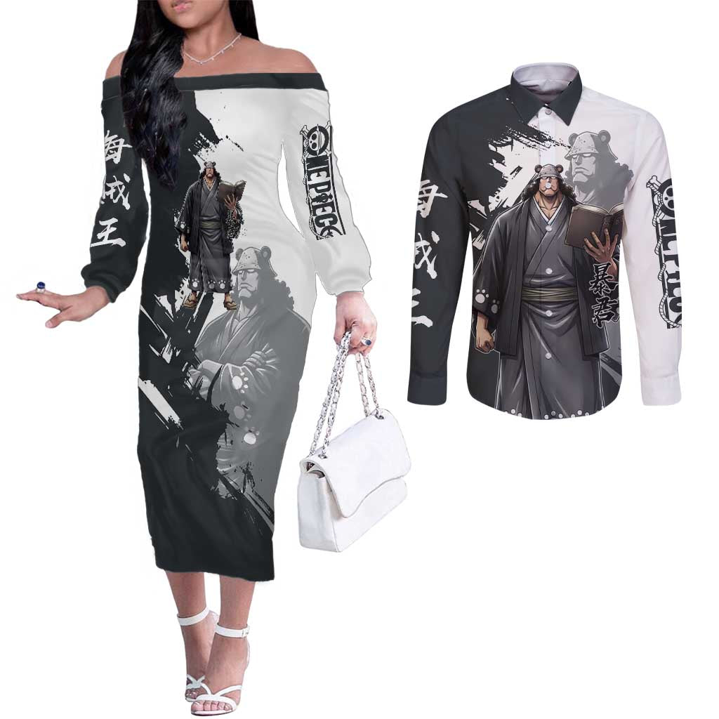 Bartholomew Kuma One Piece Couples Matching Off The Shoulder Long Sleeve Dress and Long Sleeve Button Shirt Revolutionary Ink Wash Anime