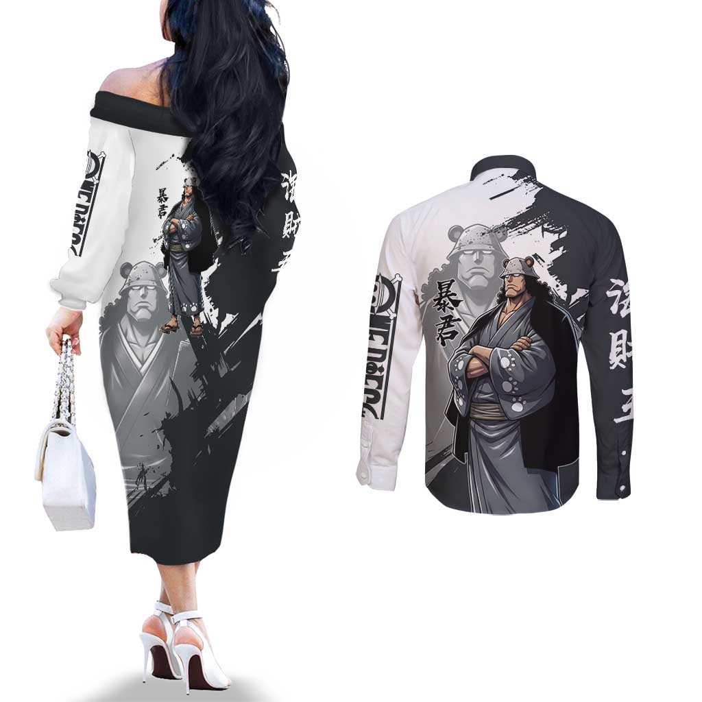 Bartholomew Kuma One Piece Couples Matching Off The Shoulder Long Sleeve Dress and Long Sleeve Button Shirt Revolutionary Ink Wash Anime