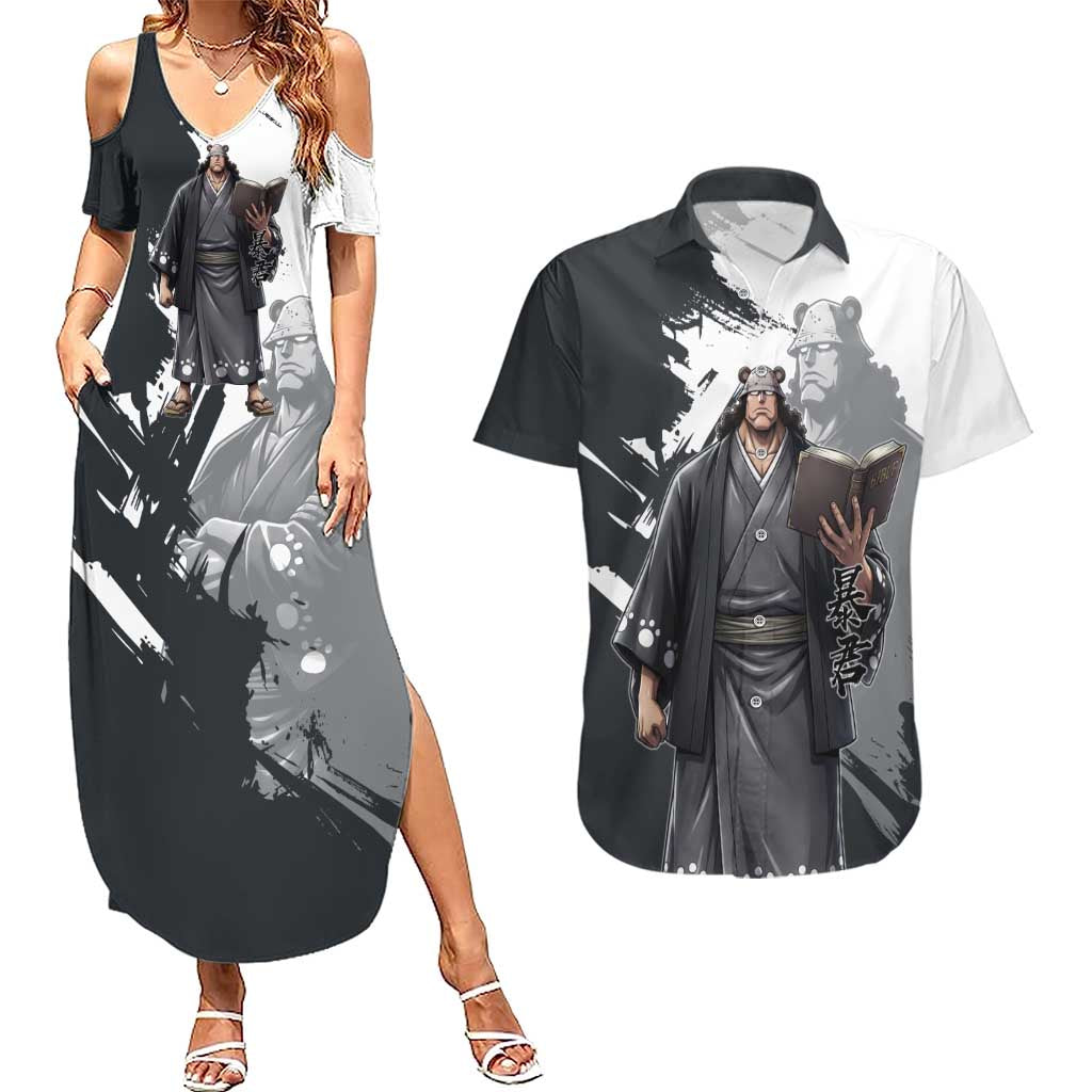 Bartholomew Kuma One Piece Couples Matching Summer Maxi Dress and Hawaiian Shirt Revolutionary Ink Wash Anime