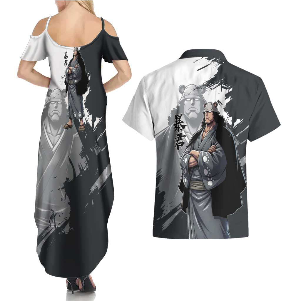 Bartholomew Kuma One Piece Couples Matching Summer Maxi Dress and Hawaiian Shirt Revolutionary Ink Wash Anime