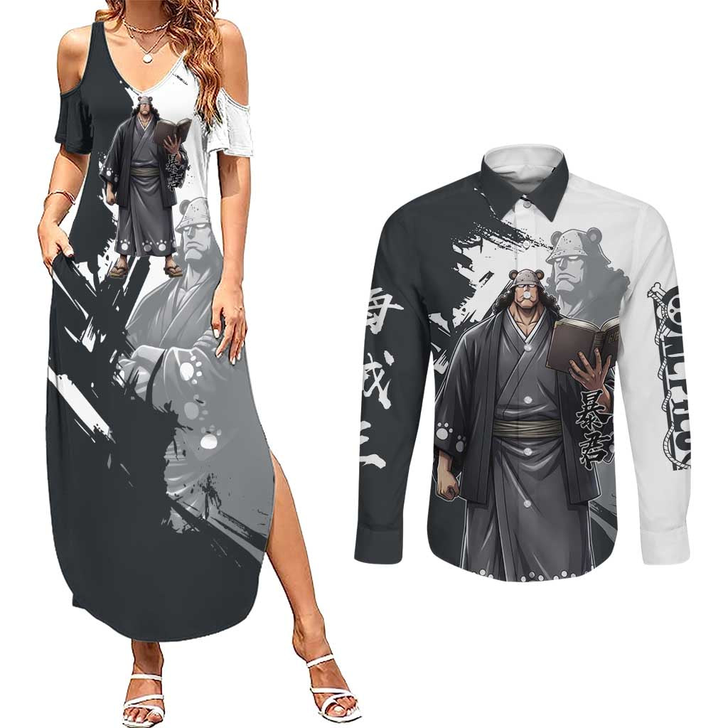 Bartholomew Kuma One Piece Couples Matching Summer Maxi Dress and Long Sleeve Button Shirt Revolutionary Ink Wash Anime