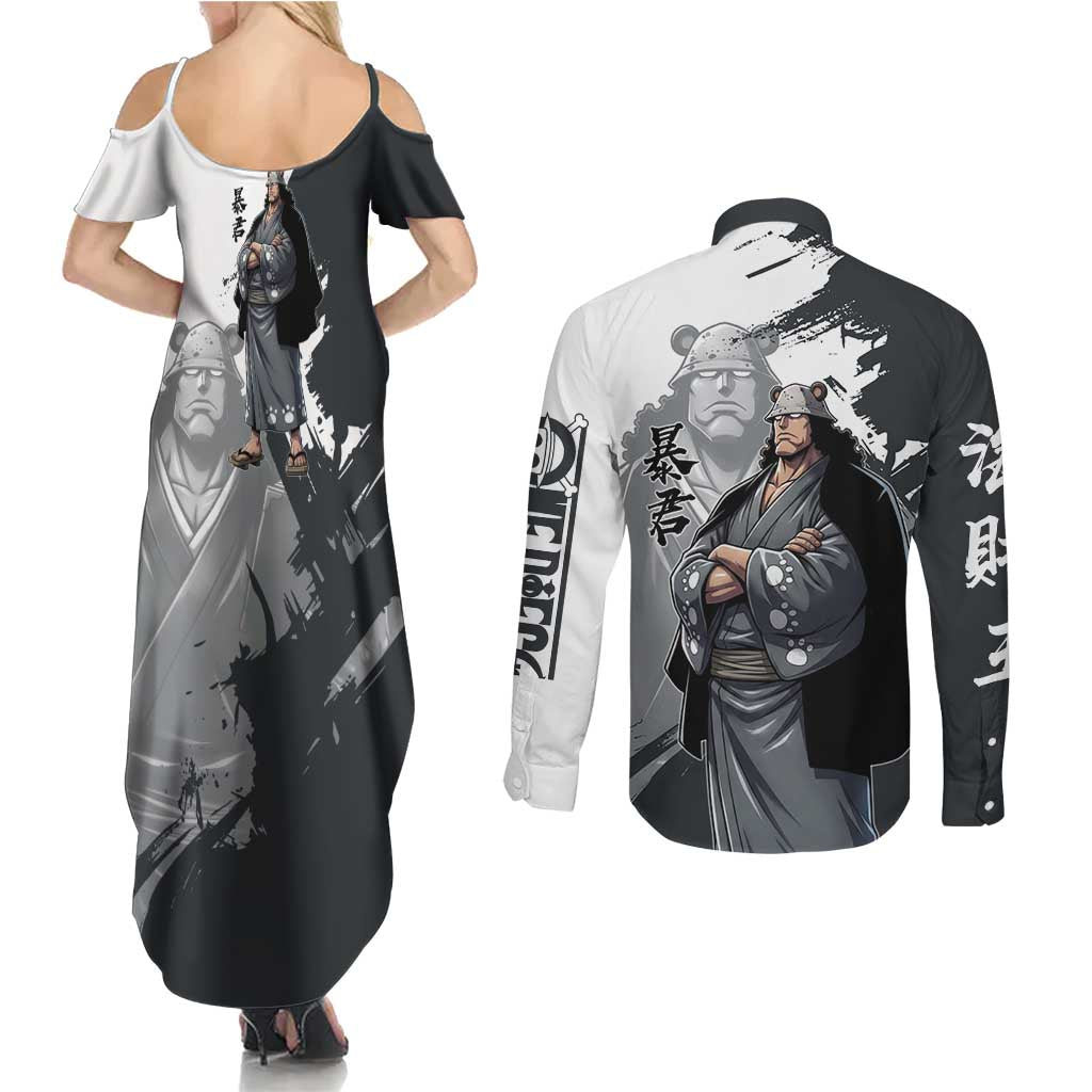 Bartholomew Kuma One Piece Couples Matching Summer Maxi Dress and Long Sleeve Button Shirt Revolutionary Ink Wash Anime