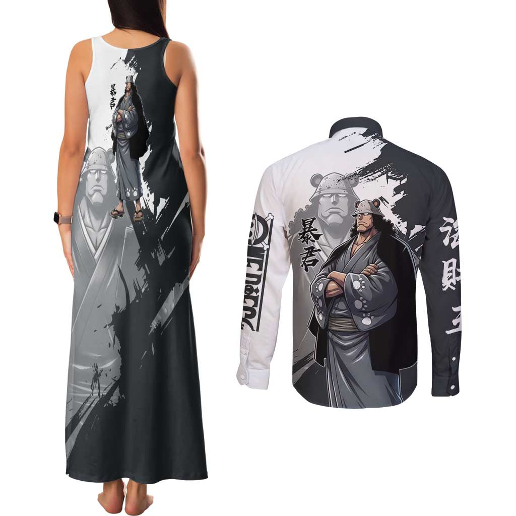 Bartholomew Kuma One Piece Couples Matching Tank Maxi Dress and Long Sleeve Button Shirt Revolutionary Ink Wash Anime