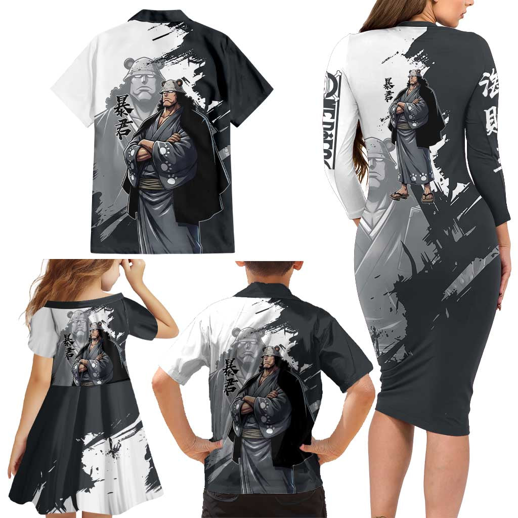 Bartholomew Kuma One Piece Family Matching Long Sleeve Bodycon Dress and Hawaiian Shirt Revolutionary Ink Wash Anime