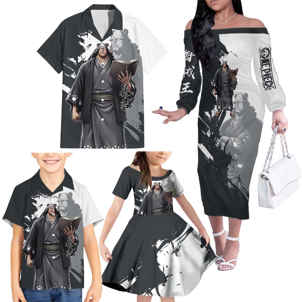 Bartholomew Kuma One Piece Family Matching Off The Shoulder Long Sleeve Dress and Hawaiian Shirt Revolutionary Ink Wash Anime