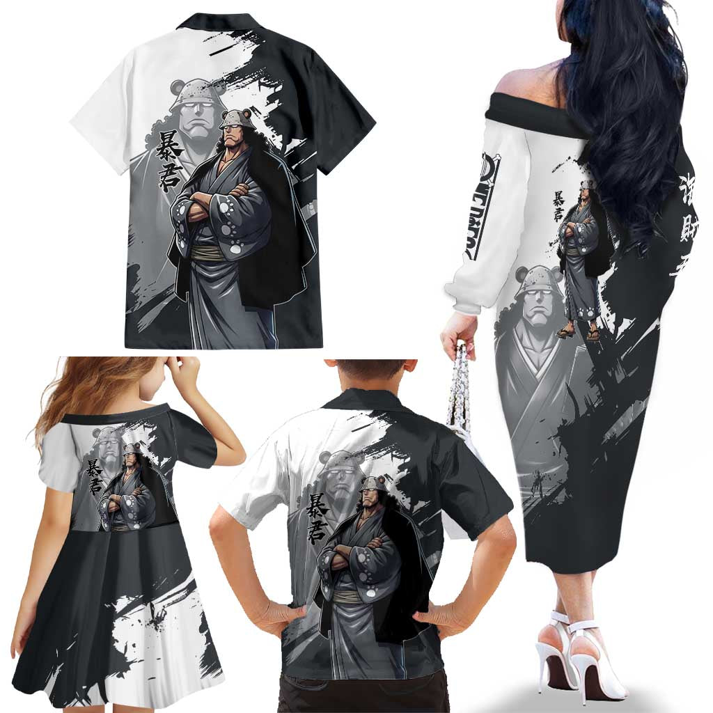 Bartholomew Kuma One Piece Family Matching Off The Shoulder Long Sleeve Dress and Hawaiian Shirt Revolutionary Ink Wash Anime
