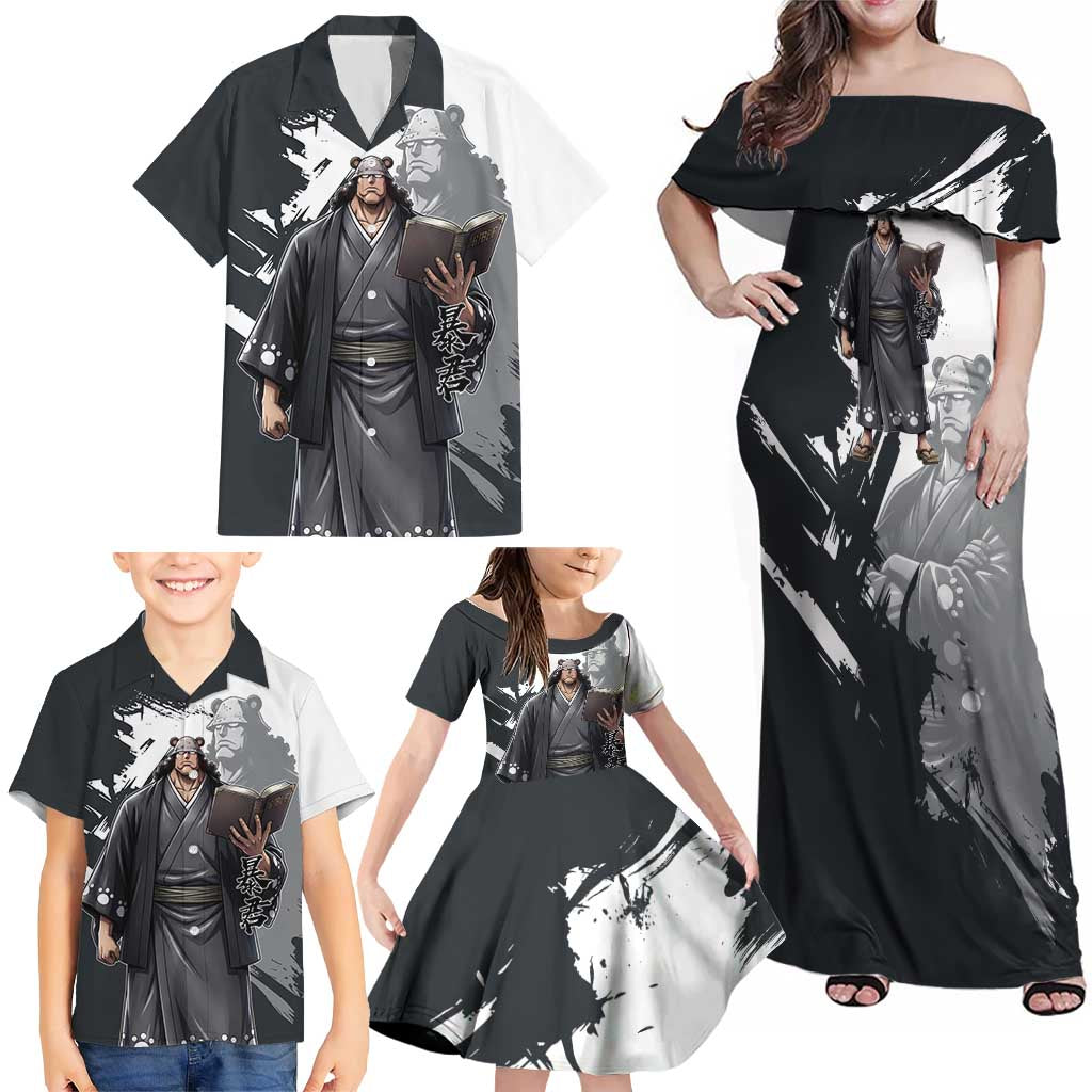 Bartholomew Kuma One Piece Family Matching Off Shoulder Maxi Dress and Hawaiian Shirt Revolutionary Ink Wash Anime