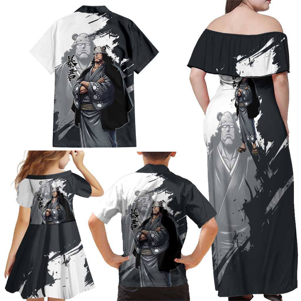 Bartholomew Kuma One Piece Family Matching Off Shoulder Maxi Dress and Hawaiian Shirt Revolutionary Ink Wash Anime