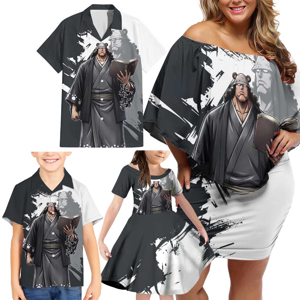Bartholomew Kuma One Piece Family Matching Off Shoulder Short Dress and Hawaiian Shirt Revolutionary Ink Wash Anime