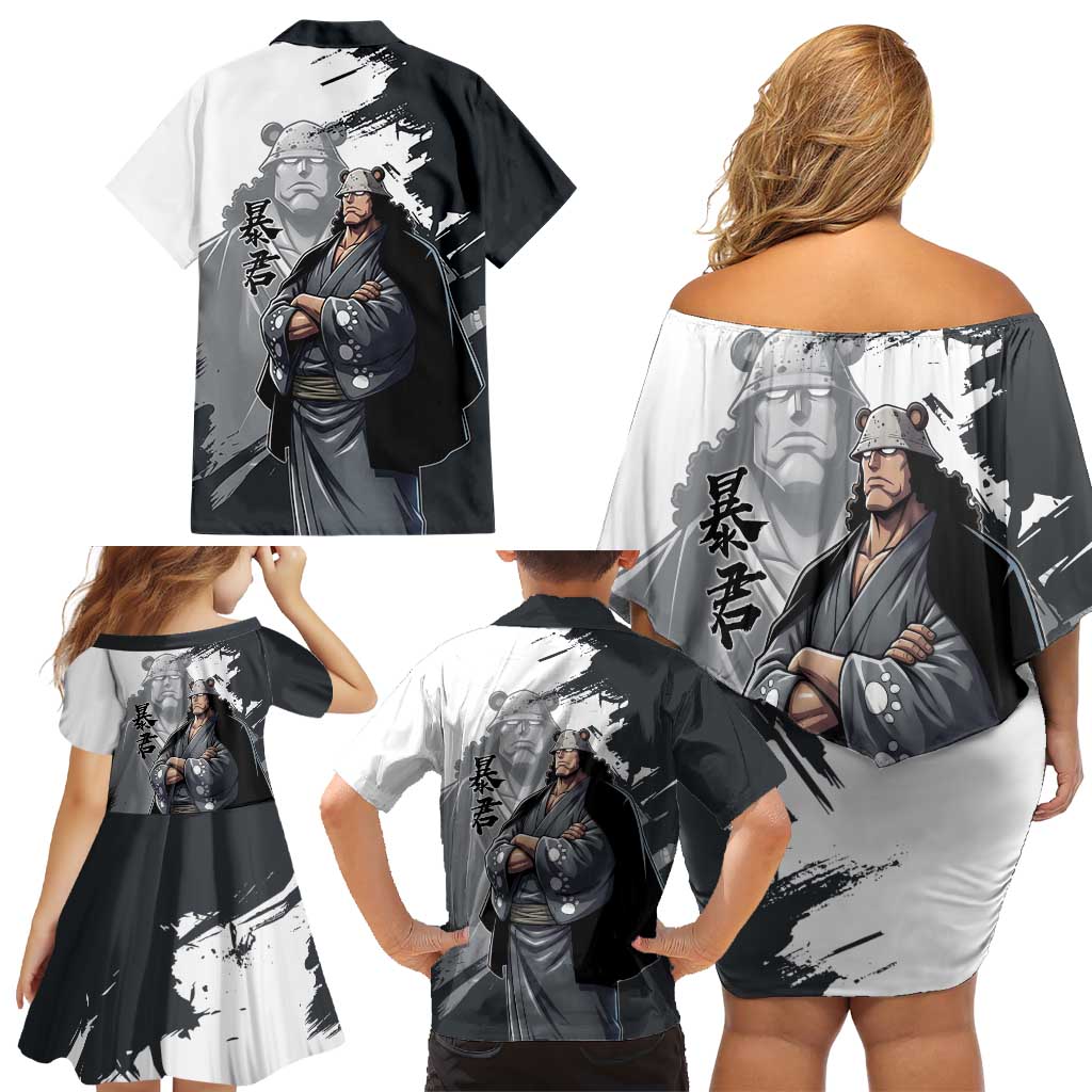 Bartholomew Kuma One Piece Family Matching Off Shoulder Short Dress and Hawaiian Shirt Revolutionary Ink Wash Anime