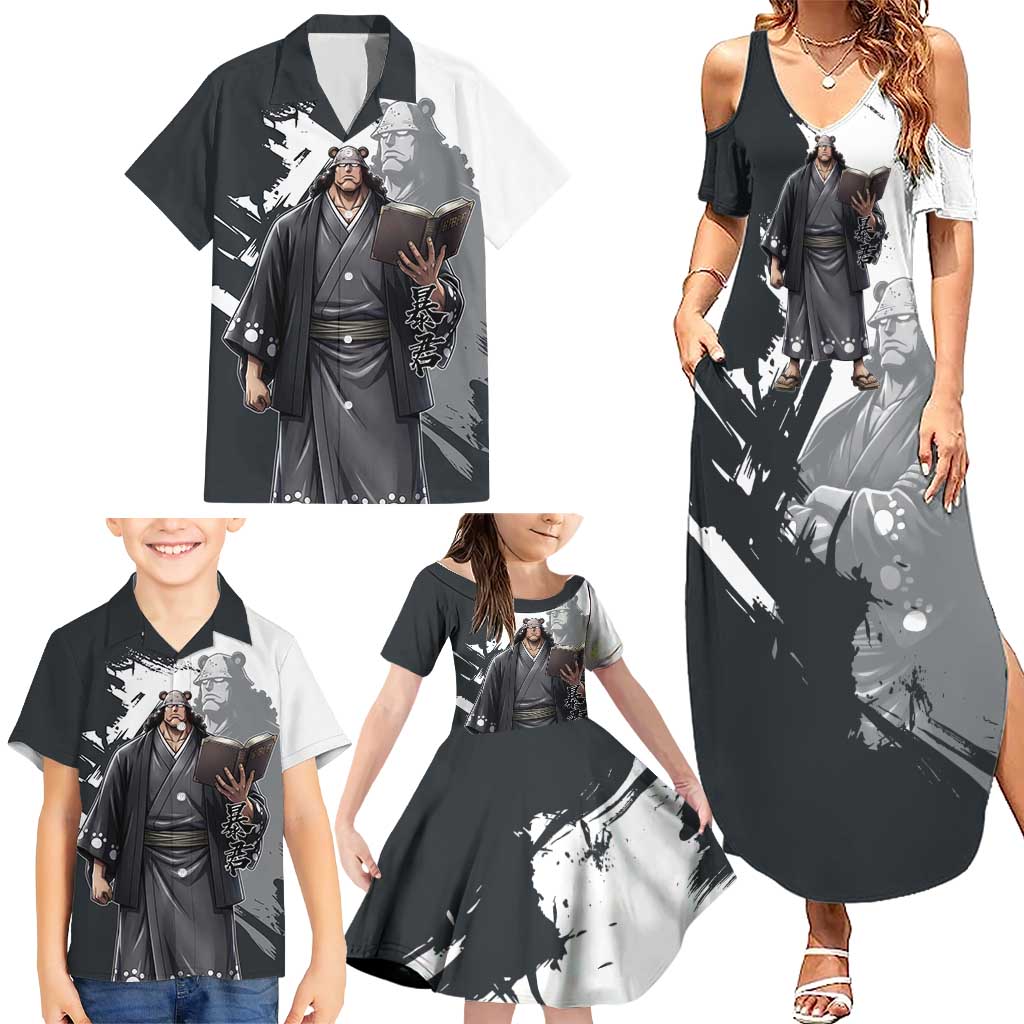 Bartholomew Kuma One Piece Family Matching Summer Maxi Dress and Hawaiian Shirt Revolutionary Ink Wash Anime
