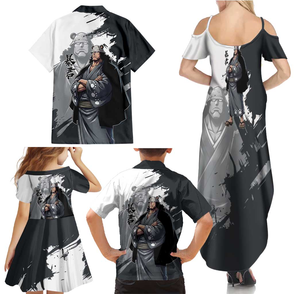 Bartholomew Kuma One Piece Family Matching Summer Maxi Dress and Hawaiian Shirt Revolutionary Ink Wash Anime